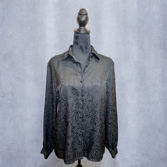 Vintage 90s Worthington Satin Tiger Print Black Button Down Blouse Size 8 - Picture 2 of 6